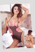 Body Sexy Velato Nero con Pizzi Rosa